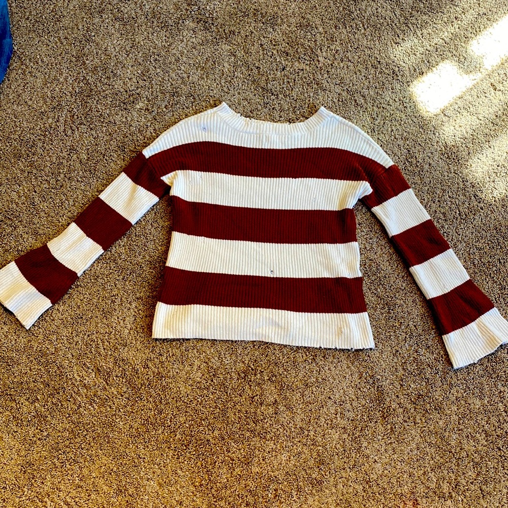 Buckle ribbon sweater with ripped detailing, cream and rust, oversized small